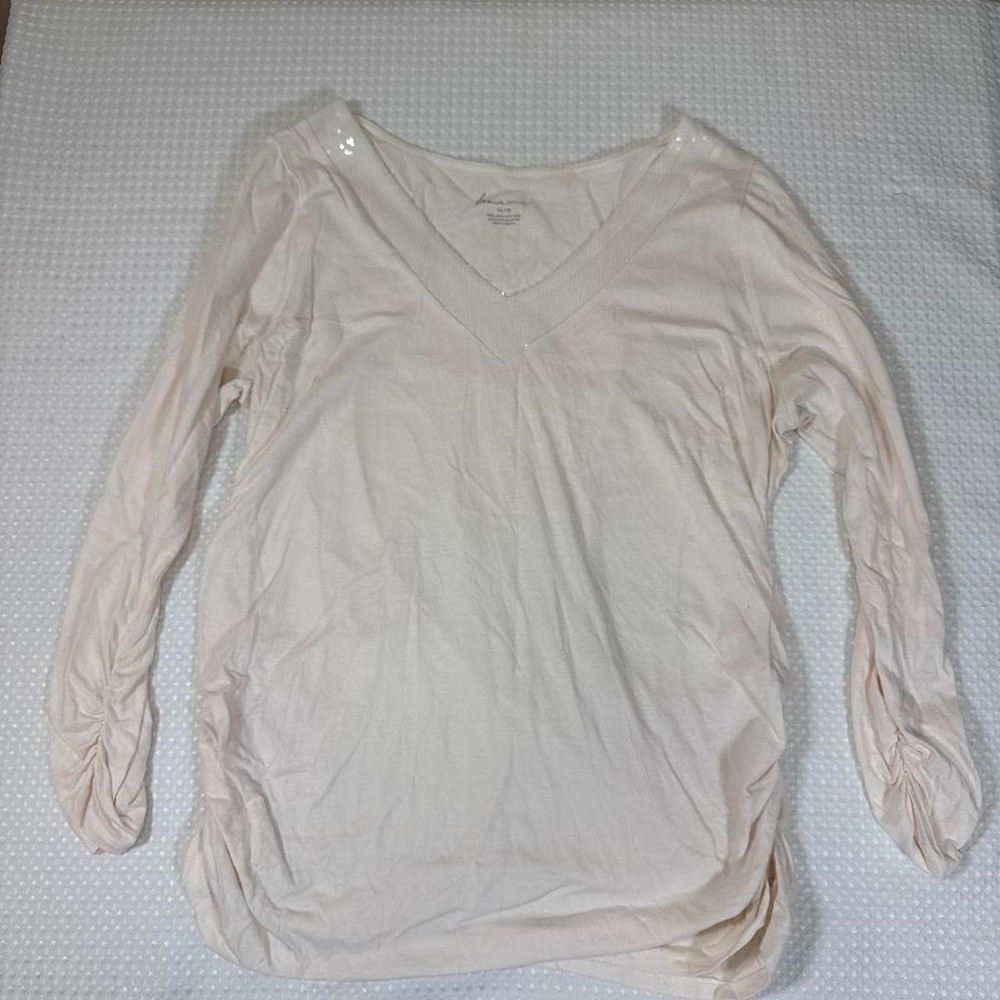 Lane Bryant Cream long sleeve blouse ruched sleeves and a V-neckline w\ sequins